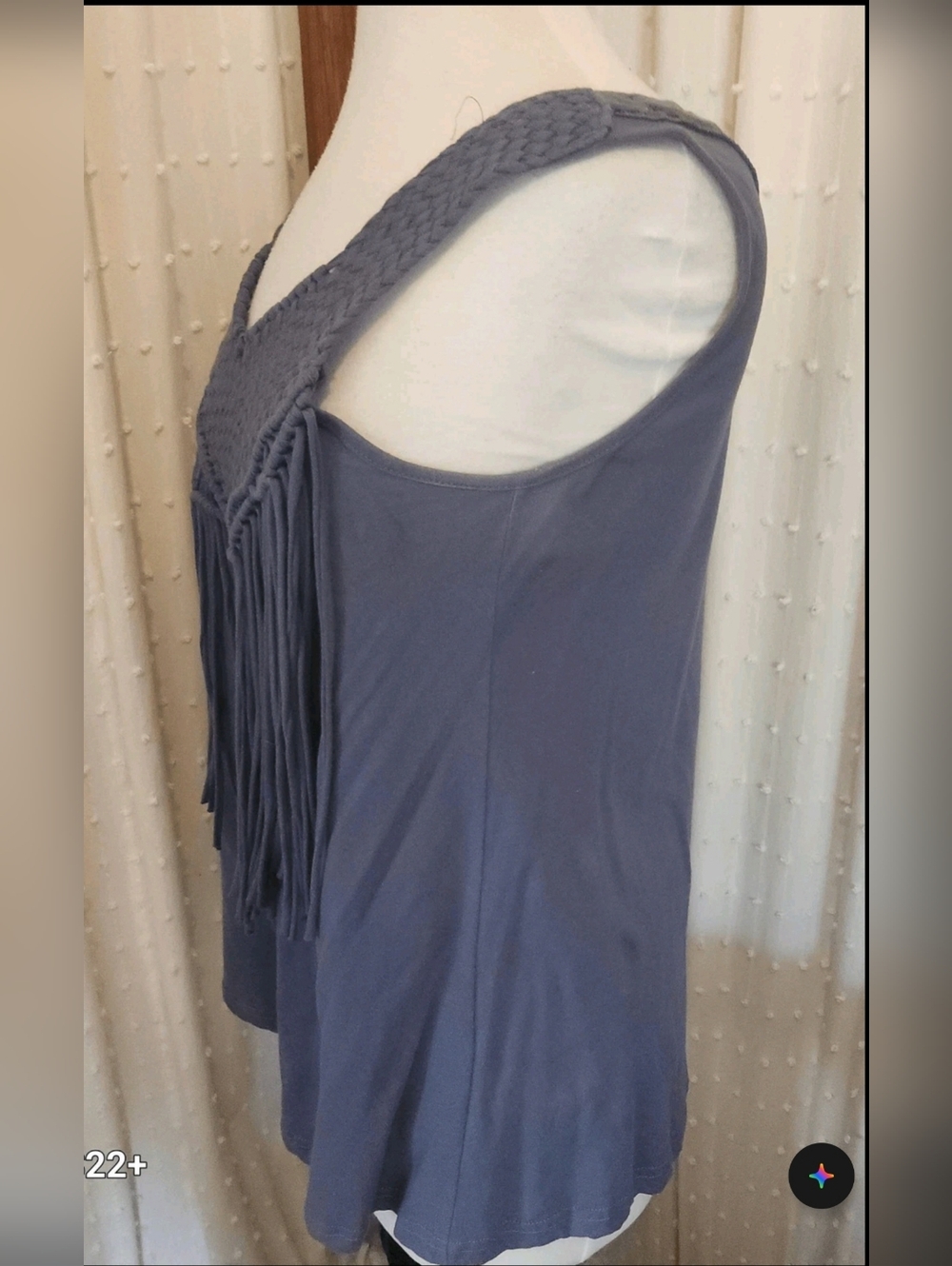 T16 Fringed Woven Yoke Western Tank Top w lace inset back - Slate Blue - Picture 5 of 8